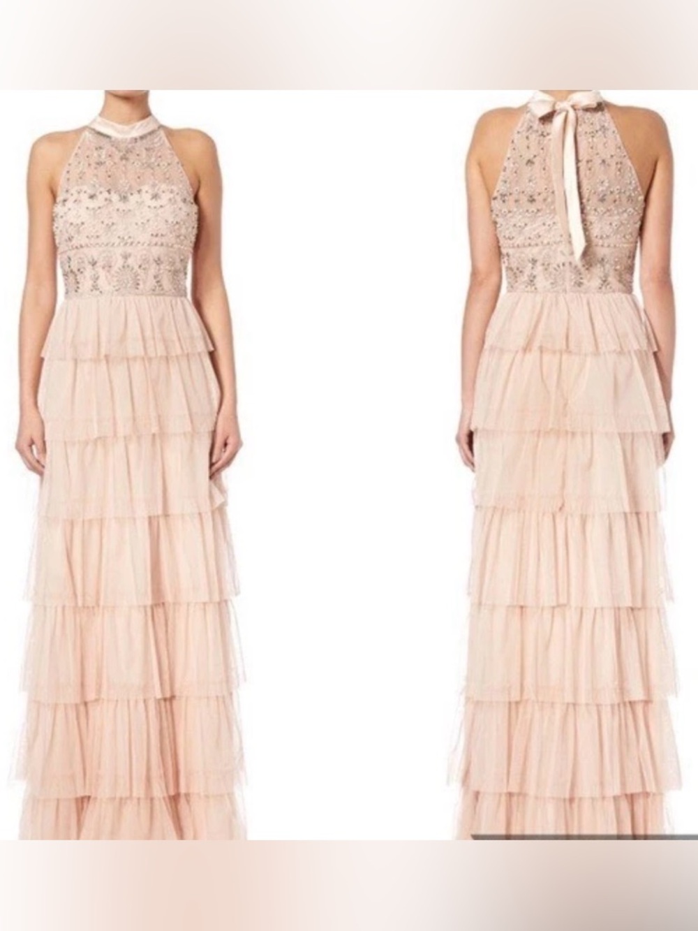 Adrianna Papell Blush Pink Tiered Tulle Skirt Beaded Bodice Ball Gown Dress Sz 6 - Picture 5 of 15